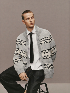 Semir | Contrast Color Jacquard Design Sweater Open Front Baseball Collar