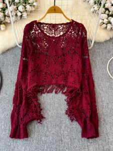 French Design Hollow out Long Sleeve Knitted Cover up Top Women Early Autumn New Style Beautiful Tassel Small Popular Sunscreen Shirt