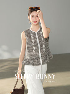 French Vintage Gingham Lace Sleeveless Summer Blouse Breathable