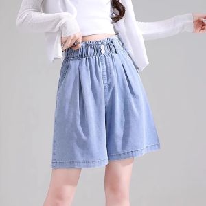 Quần Short Denim Lụa Lưng Cao Cỡ Lớn Cho Nữ Mùa Hè Mỏng Rộng Rãi Thon Gọn Ống Rộng Năm Phần Quần Jeans Denim