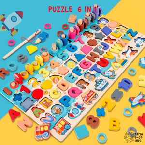 TAIYO Puzzle Kayu 3D Premium 6IN1 Tingkat Besar Jumbo Angka Huruf Animal Family Edukasi Mainan Anak