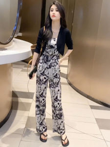 Fashionable Summer Casual Two-Piece Set Womens Thin Open Cardigan Top High Waist Wide Leg Strap Onesie Ensemble