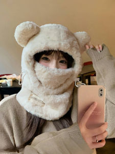 Thickened Plush Bear Headscarf One-piece Winter Hat for Women Cute Stuffed Bear Ear Muff Neck Warmer Warm Northeast Cold Proof Equipment