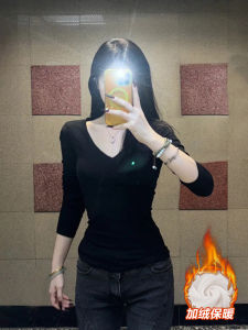 Áo Thun Dài Tay Cổ Chữ V Màu Đen Thời Trang Thu Đông Cho Nữ Áo Lót Dày Ôm Vừa Vặn Áo Lót Dài Tay Màu Trơn