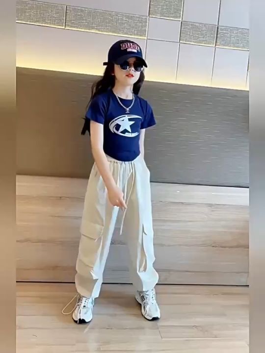 2023 Korean Cargo Pants for Kids Girl Multi-Pockets Slim Baggy