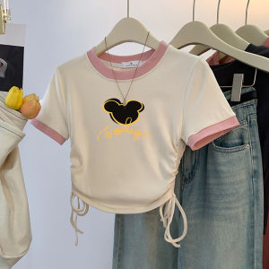 Girls Cotton Short Sleeve T-Shirt Summer Wear Pure Color Cartoon Print Breathable Sweat Absorbent Children Baby Tops for Ages 2-16