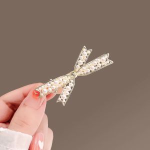 Korean Style Peals Hollow Bow Hairpin Elegant Side Bangs Clip Metal Duckbill Clip Womens Fashion Hair Accessories