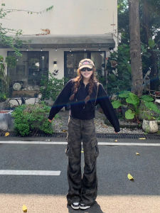 American Style Camouflage Work Pants Womens Loose Wide Leg Jeans High Waist Multi-Pocket Straight Leg Trousers Casual Denim