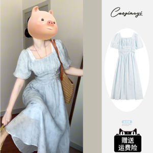 French Elegant Blue Gown Women Summer 2025 New Style Princess Skirt Sweet Bubble Sleeve Square Collar Long Dress