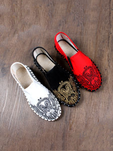 Beijing Style Mens Cloth Shoes Breathable Embroidered Lightweight Construction Site Slip-On Flat Heel Rubber Outsole Shoes