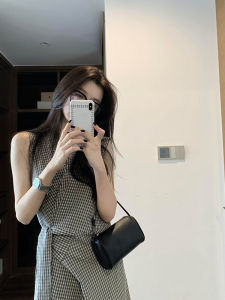 LIHEYU Vintage Plaid Wrap Dress Womens Sleeveless V-neck Long Dress Cross Strap Design Korean Style Loose Fit Summer Dress