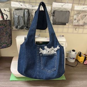 Túi Tote Jean Phối Ren Hoa Túi Đeo Vai Vải Bò Denim Phối túi 2 mặt