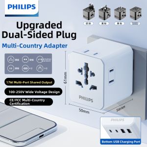 Philips | Universal Travel Adapter with Fast Charging 4 Port USB for Global Use Compatible with EU UK US AU Japan Korea Hong Kong Plug Types