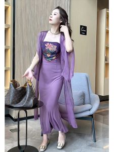 Summer 2025 New Chinese Style Printed Slim Fit Dress Two Piece Set Contrast Color Strapless Dress Cotton Blend Fashionable
