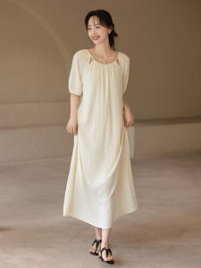 Elegant Commuter Long A-Line Dress Womens Loose Midi Skirt Knee-Length Polyester Fiber Spring Summer Autumn Solid Color