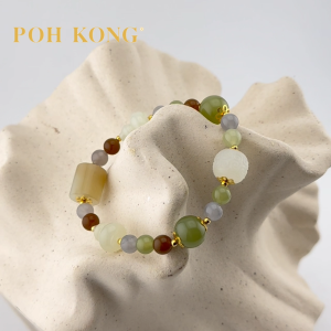 POH KONG 999/24K Yellow Gold Multi-Colour Nephrite with Barrel-Shape Jade Bracelet