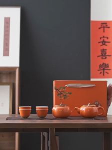 Japanese Chinese Ceramic Teaset Teapot Teko Cangkir Orange Teaset isi 4 cup + 1 teapot + 1 Wadah Teh