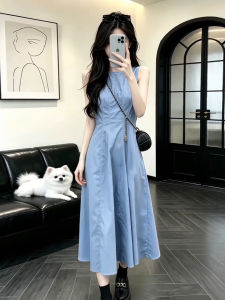 ZHENMANZI | Elegant French Style Blue Dress Slimming Waist Cinching A-Line