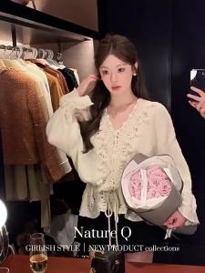 CHOUXIE | Attractive Korean Style Lace Hollow Out White Knit Cardigan