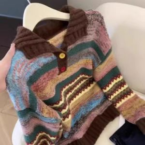 Retro Thickened Knitted Sweater Womens Autumn Winter High Collar Color Block Striped Casual Comfortable Warm Knitwear Top