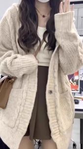 Thickened Lazy Style Womens Knitted Cardigan Hat Sweater Autumn Winter New Korean Loose Medium Long Twist Knitwear