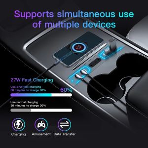 27W Quick Charger USB Hub for Tesla Model 3 Tesla Model Y 2021-2023 Aperture Intelligent Docking Station Car Adapter with Light