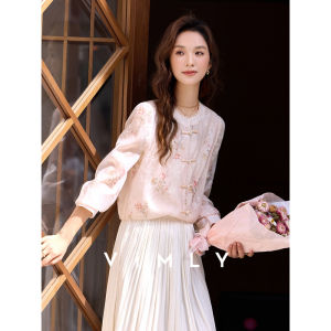 Vimly | Áo Sơ Mi Chiffon Màu Hồng Phong Cách Trung Quốc Mới Tay Dài có Hoa và Nút Ngọc Trai