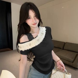 GUZILIAN | Sweet Pure Desire Lace Trim Short Sleeve Knitted Diamond Embellished Slim Fit Shoulder Baring Top For Women Fashionable Casual Wear