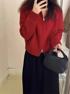 Ladies Red Knitted Cardigan Short Style Double Zipper Sweater Outerwear Korean Simple Design Autumn Winter Thickened Long Sleeve