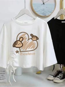 Sweet Print Slim Fit Short Sleeve T-Shirt Womens Summer Casual Drawstring Top Small Audience Pure Desire Style Streetwear