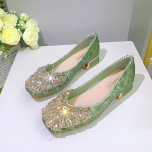 Elegant Chinese Style Single Shoes for Women with Water Diamond Square Head Thick Heel Suitable for Wedding And Daily Wear