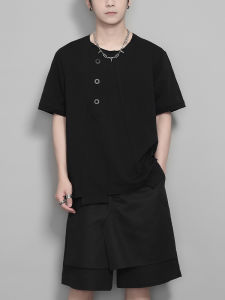 Original Trendy Dark Mountain Style Mens T-Shirt Short Sleeve Asymmetric Splicing Design Breathable Cotton Blend Casual Summer Top