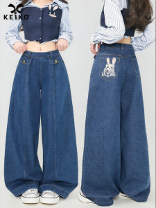 KEIKO | Embroidered Blue Denim Jeans Loose Wide Leg