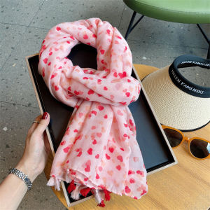 ผ้าพันคอผู้หญิงสีชมพูลายหัวใจผ้าคลุมไหล่กันแดดบังแดดใส่ไปริมทะเลในทะเลทรายสำหรับฤดูร้อนผ้าพันคอแบบบางสำหรับฤดูใบไม้ผลิและฤดูใบไม้ร่วงผ้าพันคอผ้าฝ้ายผสมผ้าลินิน