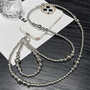 Clove Double Layer Minimalist Style Mobile Phone Chain with Amplifier Silver Beads Long And Short Crossbody Bag Chain Accessory