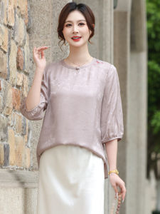 OUSHILU | Traditional Chinese Style Floral Silk Blouse Mid-sleeve Loose Fitting Slim