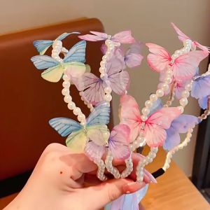 ChildrenS New Pearl Butterfly Braided Headband Ribbon Female Princess Fairy Mesh Pearl Headband