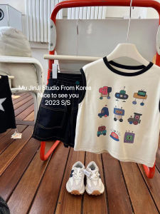 Boys Summer Sleeveless round Neck Cotton Vest Cartoon Car Design Breathable Base Layer Top for Active Kids Comfortable Lightweight