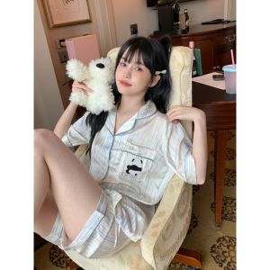 Elegant Panda Ice Silk Sleepwear Short Sleeve Womens Home Clothes Set Summer Cute Youth Fashion Thin Fabric Cartoon Print