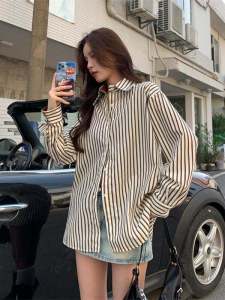 French Design Vertical Stripes Womens Long Sleeve Shirt Spring Autumn New Style Layering Outwear Classic Cotton Polo Collar