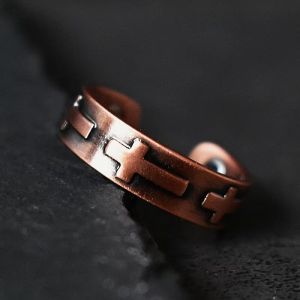 Pure Copper Cuff Ring Vintage Cross Pattern Open Adjustable Finger Ring High Metal Jewelry for Men Women Gift`