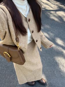 Có Thể Tùy Chỉnh Kích Thước Lớn Phong Cách Hàn Quốc Bộ Màu Kaki Len Áo Khoác Cao Vòng Eo Dáng Chữ A Mini Váy Phong Cách Thơm Nhỏ Đi Làm Thời Trang