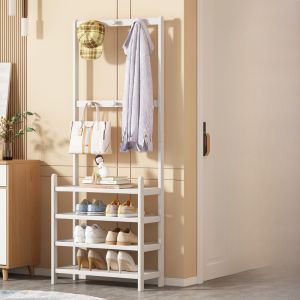 Simple Modern Solid Wood Indoor Shoe Rack Home Use White Hanging Coat Integrated Storage Stand Entrance Hall Floor Mounted