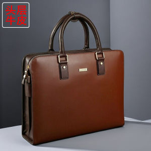 High-End Mens Business Leather Handbag Top Layer Cowhide Computer Briefcase Shoulder Crossbody Large Capacity Male Bag