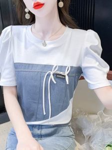 WANGGONGZHU | Princess Style Round Neck Spliced Denim Short Sleeve T-Shirt Women Summer Fashion Slimming Top Korean Loose Fit Casual Wear