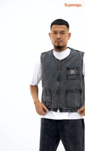 Superego Vest Denim Rompi Pria Size M-XL Regular Fit Zipper Snow Light Black VDZ01D