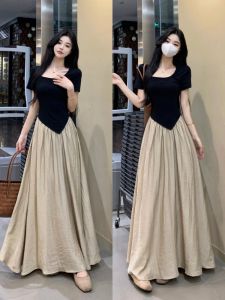 Váy Chữ a Cỡ Lớn Phong Cách Trung Hoa Mới Cho Nữ Mùa Hè Mới Váy Midi Thon Gọn Cổ Vuông Váy Dài