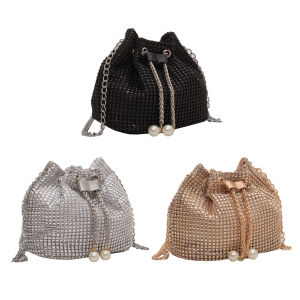 Quest Women Luxury Shoulder Bag Solid Color Rhinestone Glittering Satchel Bag Drawstring Bling Bucket Bag Dinner Party Bag