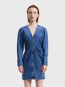 ชุดเดรสคอวี IRO Night ฤดูใบไม้ผลิ 2025 กระโปรงยีนส์แขนยาวเอวสูงผ้าฝ้าย 100% ชุดเดรสแฟชั่นสำหรับผู้หญิง