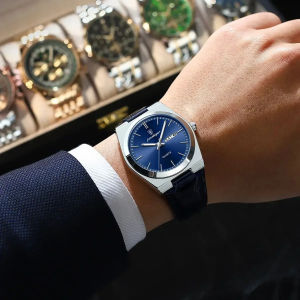 【With a Watch Box】POEDAGAR Top Brand Fashion Men Watches Luxury Business Man Wristwatch Waterproof Luminous Date Week Quartz Watches Square Shape Leather Strap High Quality Mens Watch 930P + Watch Box